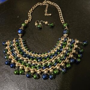 Gold Tone Blue And Green Beaded Necklace Set
